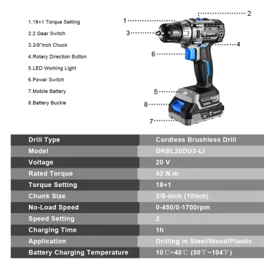 Perceuse sans fil sans balais 20 V, 2 vitesses – image 3